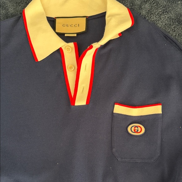 Men’s Gucci Navy Blue Polo Shirt with Red and White  Details - Picture 1 of 4